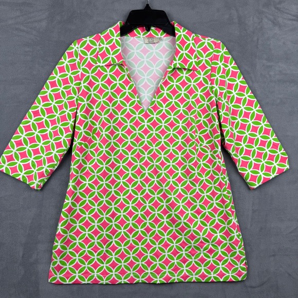 Katherine Way Tunic Top Women's Medium Pink Green Geo Print 3/4 Sleeve USA Made - Picture 2 of 8